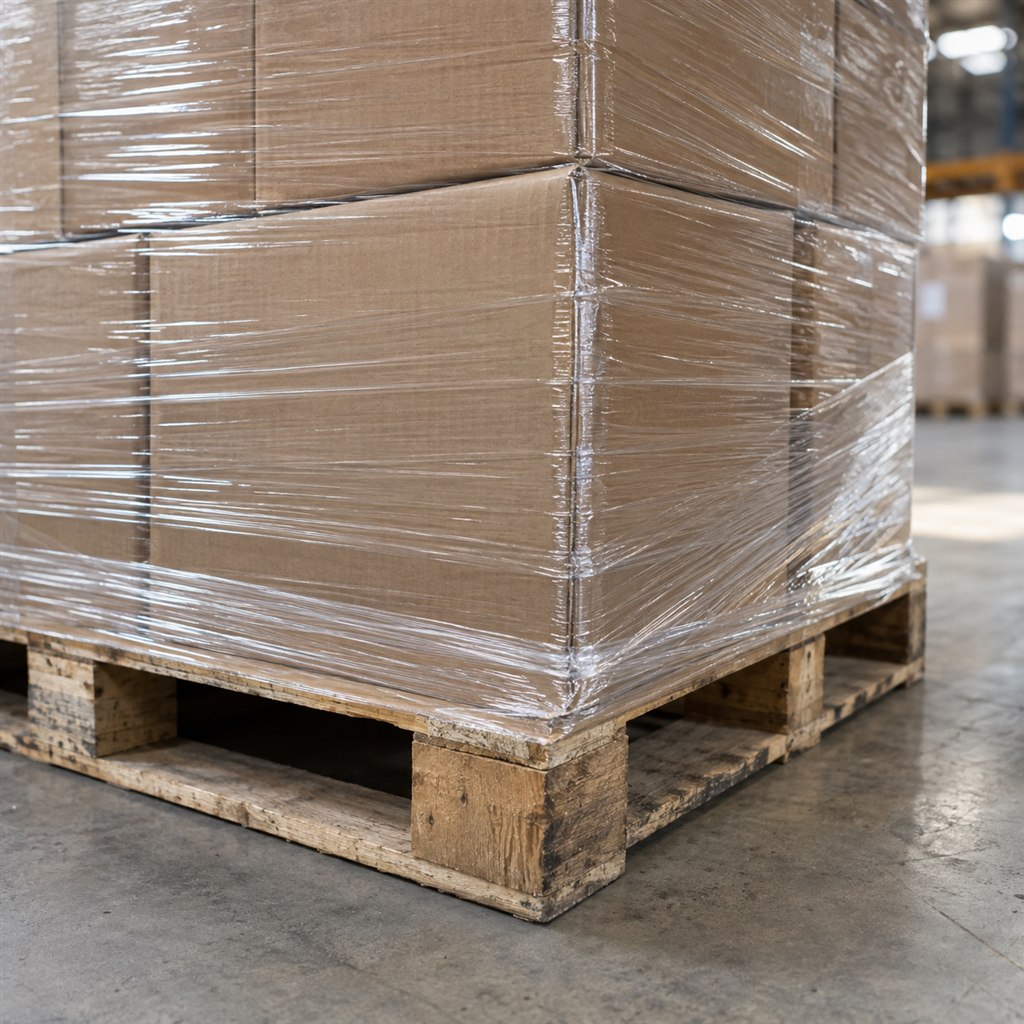 Illustrative close-up of wrapped cartons and a wooden freight pallet